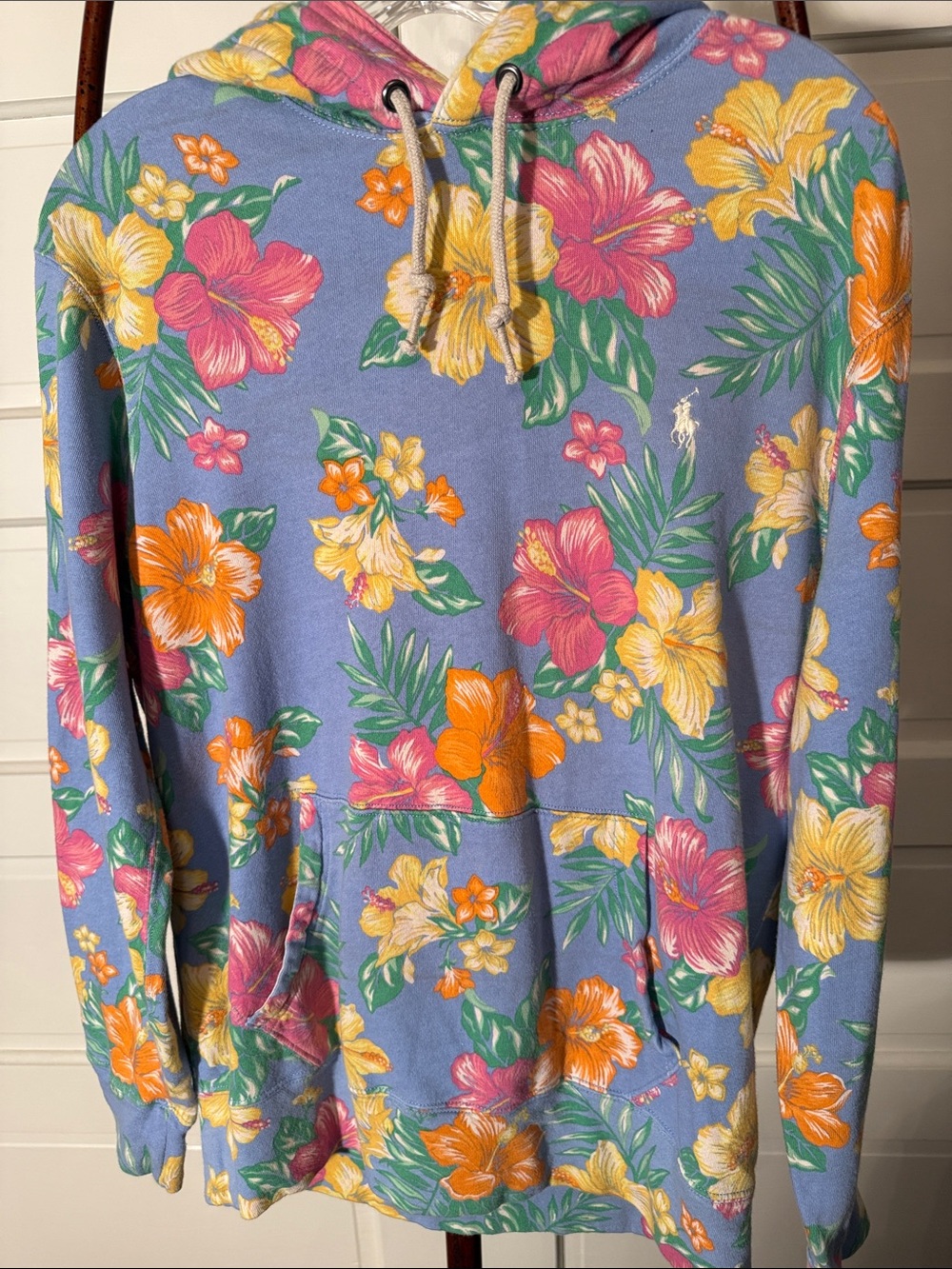 Polo Ralph Lauren Floral Hoodie Medium Tropical Hibiscus Blue Sweatshirt